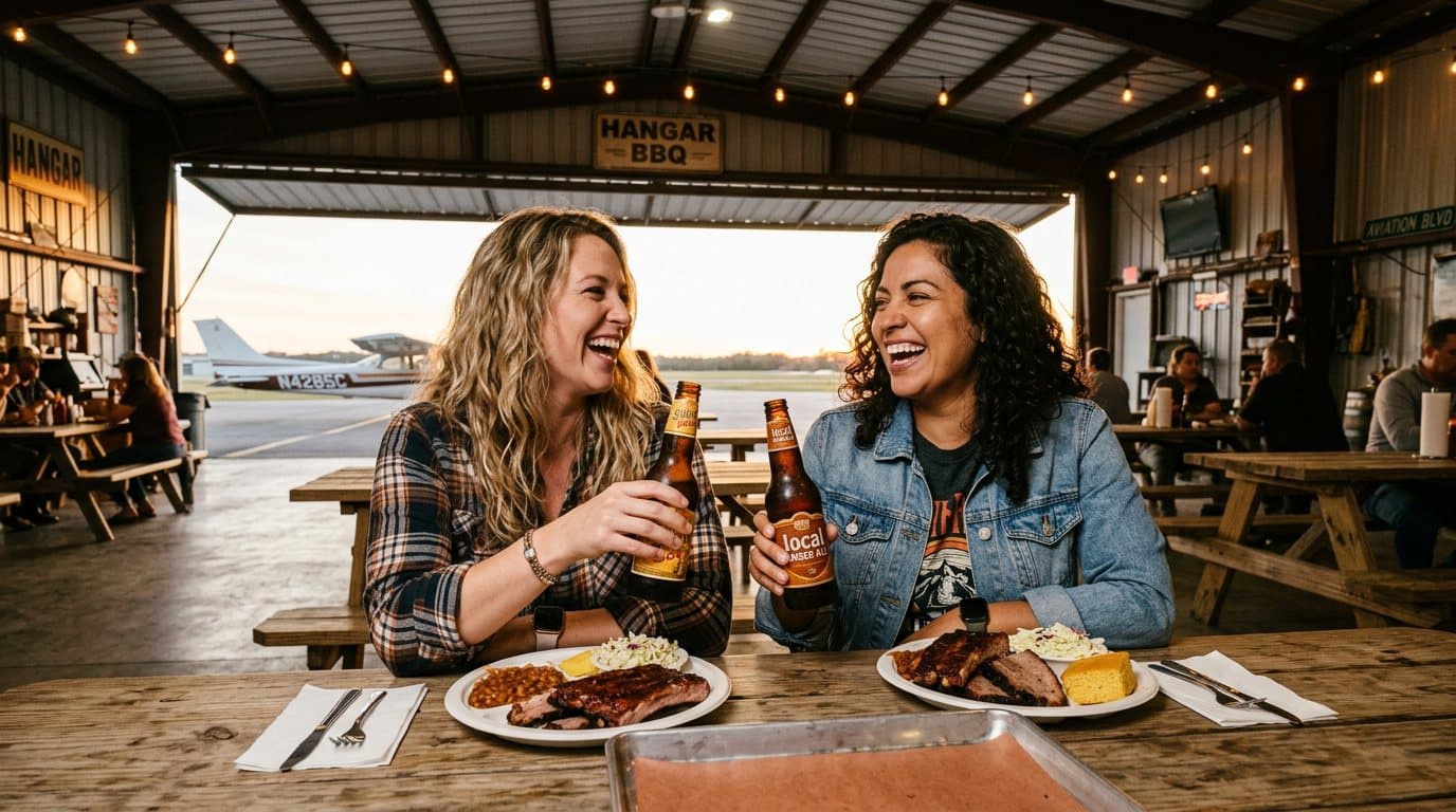 Two women laughing over plates of ribs, beans and cornbread at a picnic table inside the hangar, with the door rolled open onto the ramp behind them