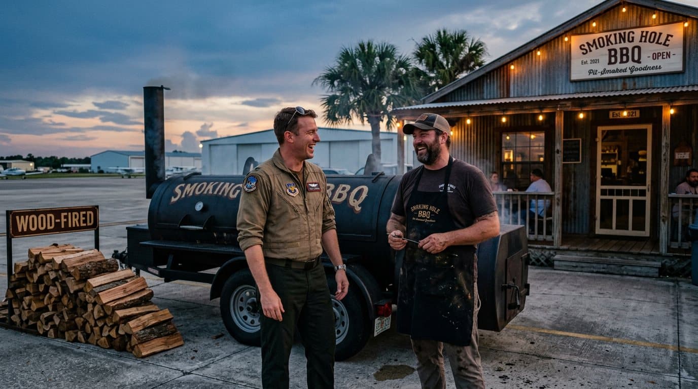 Two men talking beside a black offset smoker on a trailer at dusk, split oak stacked nearby, string lights and a Smoking Hole BBQ sign behind them