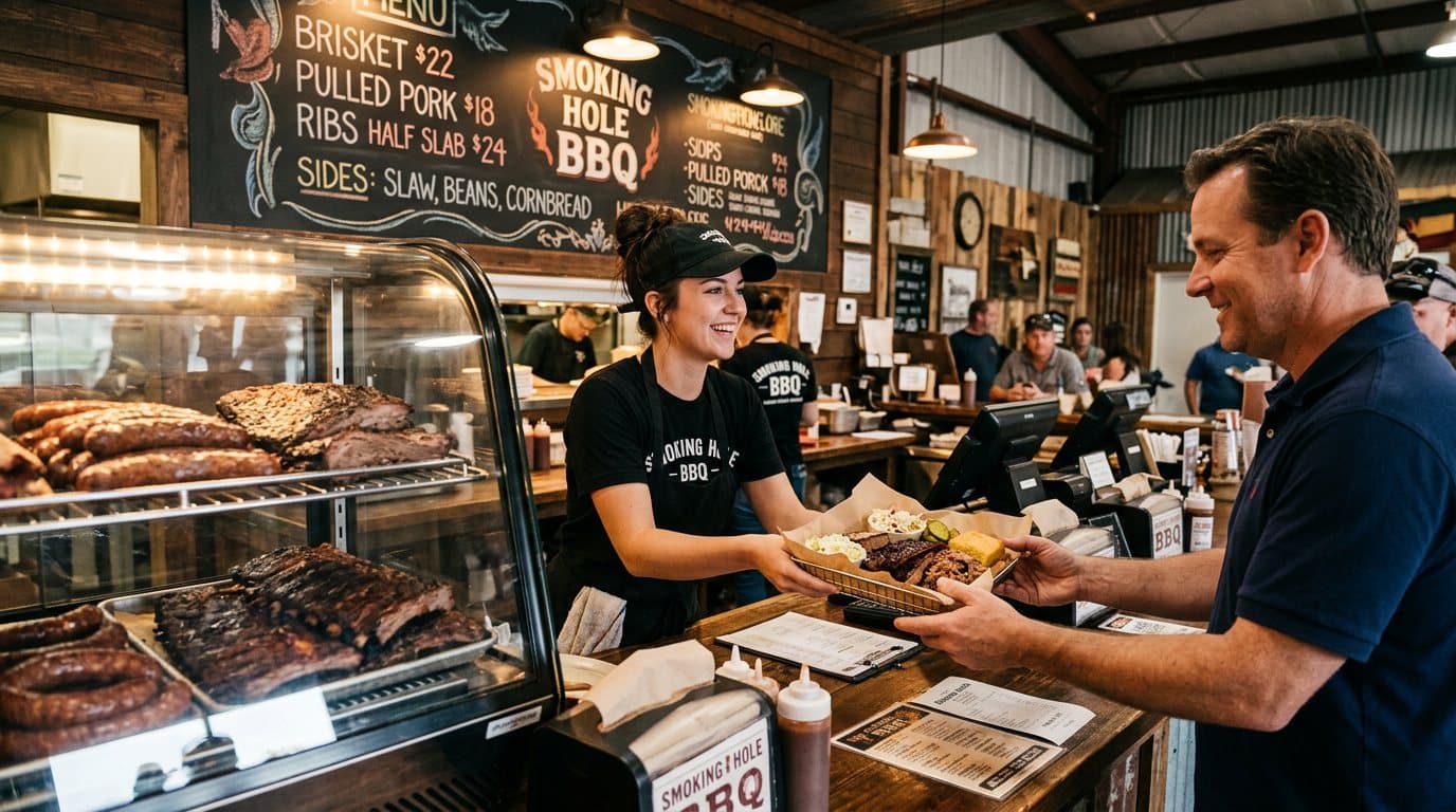 A counter worker handing a tray of barbecue across the service counter to a customer, racks of ribs and sausage visible in the warming case, menu board overhead