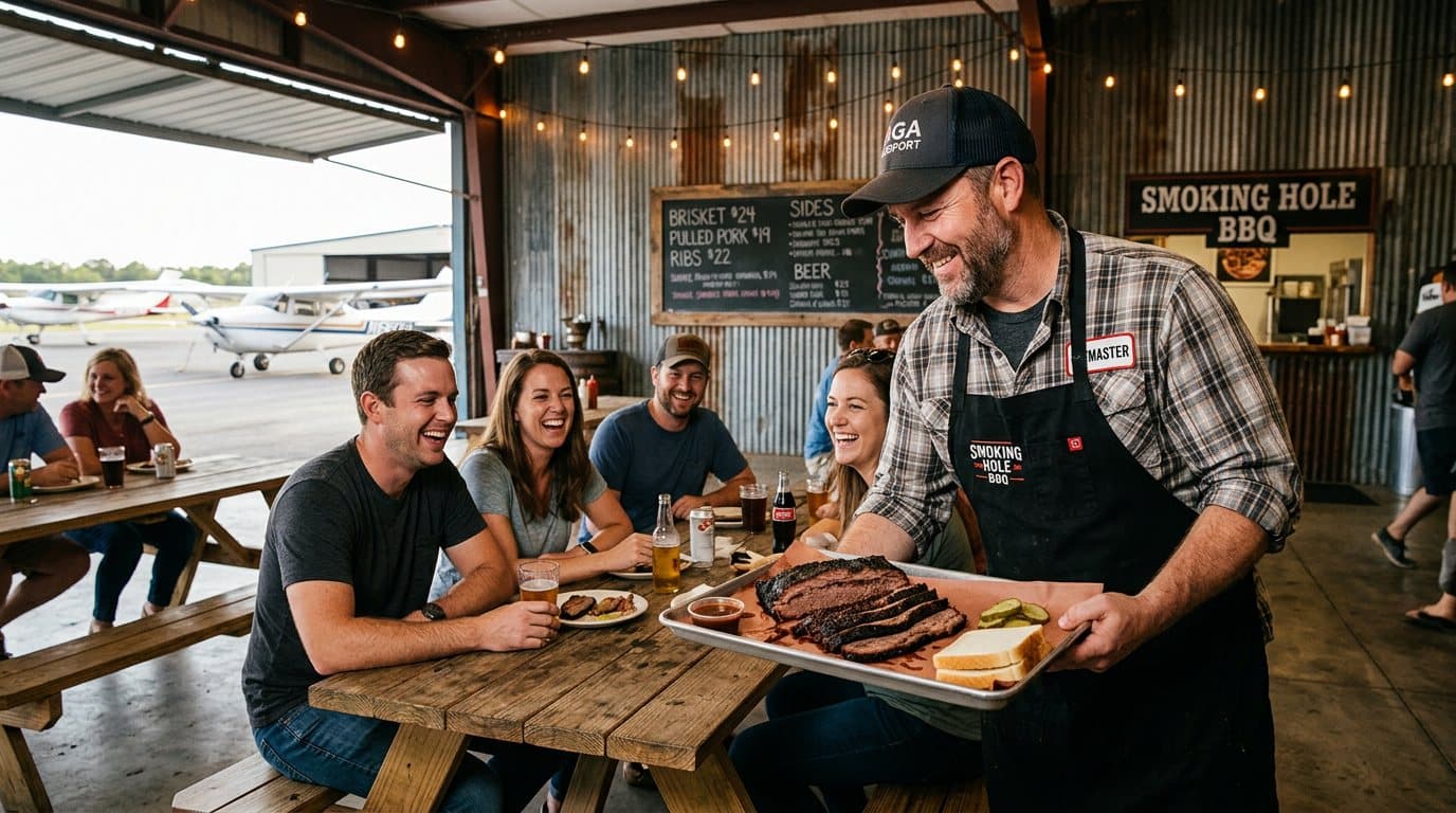 A pitmaster in an apron carrying a tray of sliced brisket and ribs to a picnic table of laughing customers inside the hangar, with a menu board on the wall and a small airplane parked outside the open door