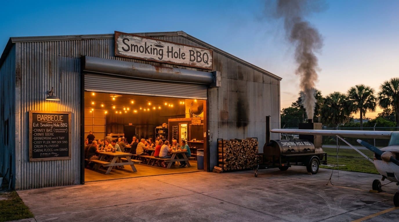 The hangar at dusk with the door rolled open, warm light inside, split oak stacked against the wall, and a smoker on a trailer beside the entrance