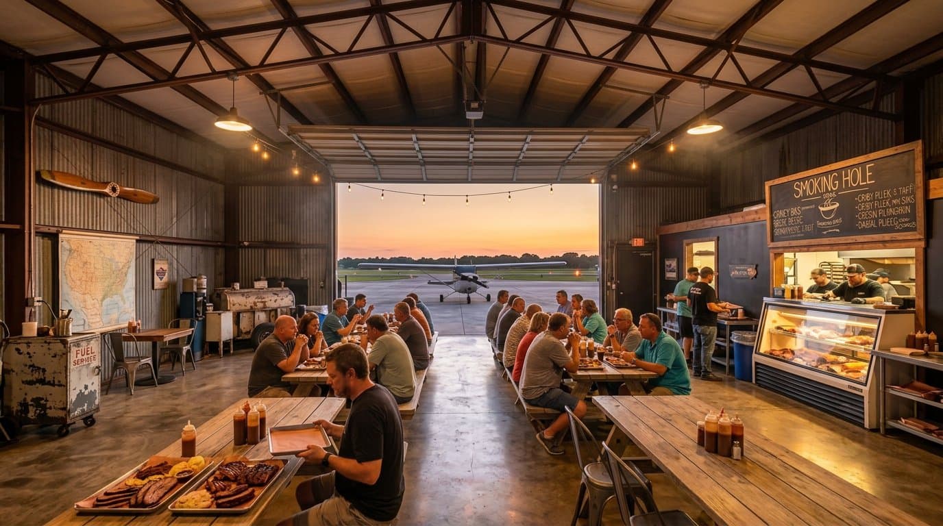 Inside a hangar turned barbecue joint at sunset: steel trusses, string lights, long communal tables of people eating, trays of brisket and ribs in the foreground, and a small airplane parked in the open hangar door